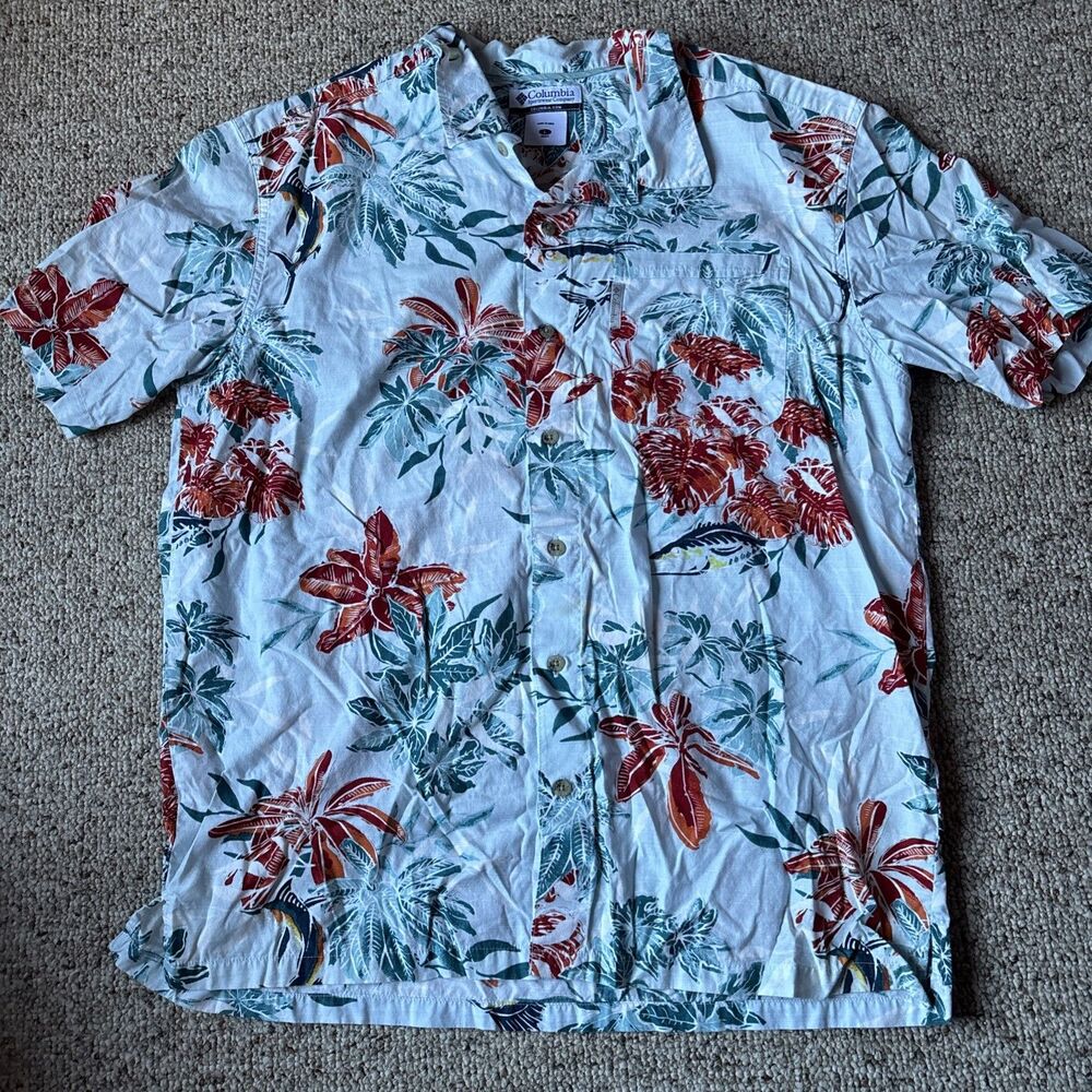 Men’s Columbia Button Down T Shirt Fish and Plant Print Blue Red Orange Size L
